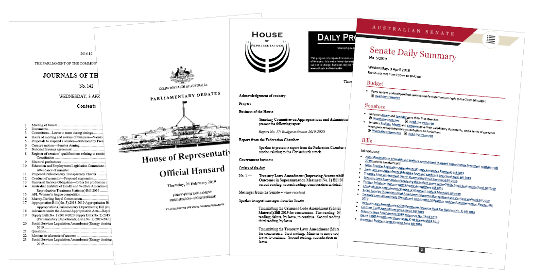 Examples of Hansard; Journals of the Senate; House of Representatives Daily Program; and Senate Daily Summary.