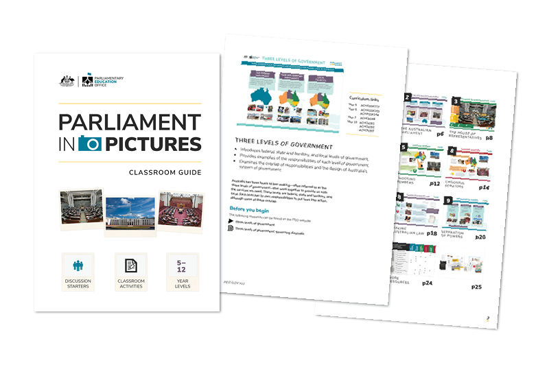 The cover and sample pages from the Parliament in pictures classroom guide