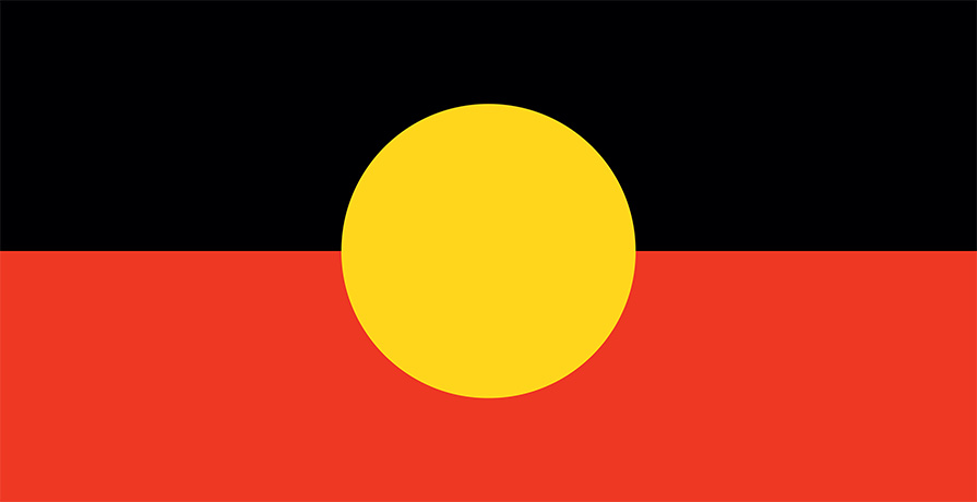 The Australian Aboriginal flag: the upper half black and lower red. A yellow circle sits in the centre.